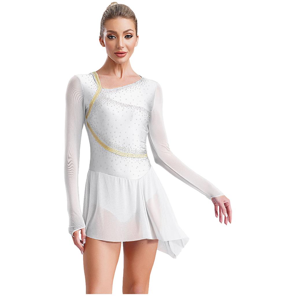 Women's Performance Dancewear - Sheer Mesh Long Sleeve Backless Dress with Rhinestones for Lyrical & Skating
