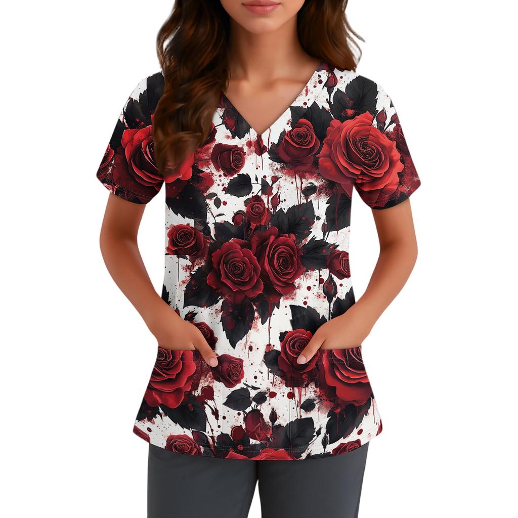 Haut pour femme à col en V et manches courtes avec poches Impression florale d'Halloween Chemise d'uniforme pour infirmière Soins de santé