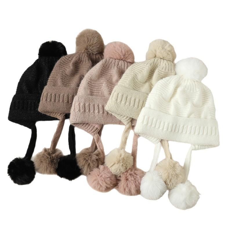 Sweet and Cute Triangle Striped Rabbit Fur Plus Velvet Warm Hat Autumn and Winter Fashion Casual Wool Hat Outdoor Cold Hat Korean