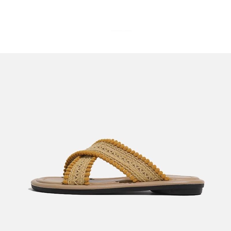 

Niche woven slippers women s knitted Korean version 2025 summer new versatile open-toe cross belt non-slip flat bottom sandals 35 жёлтый