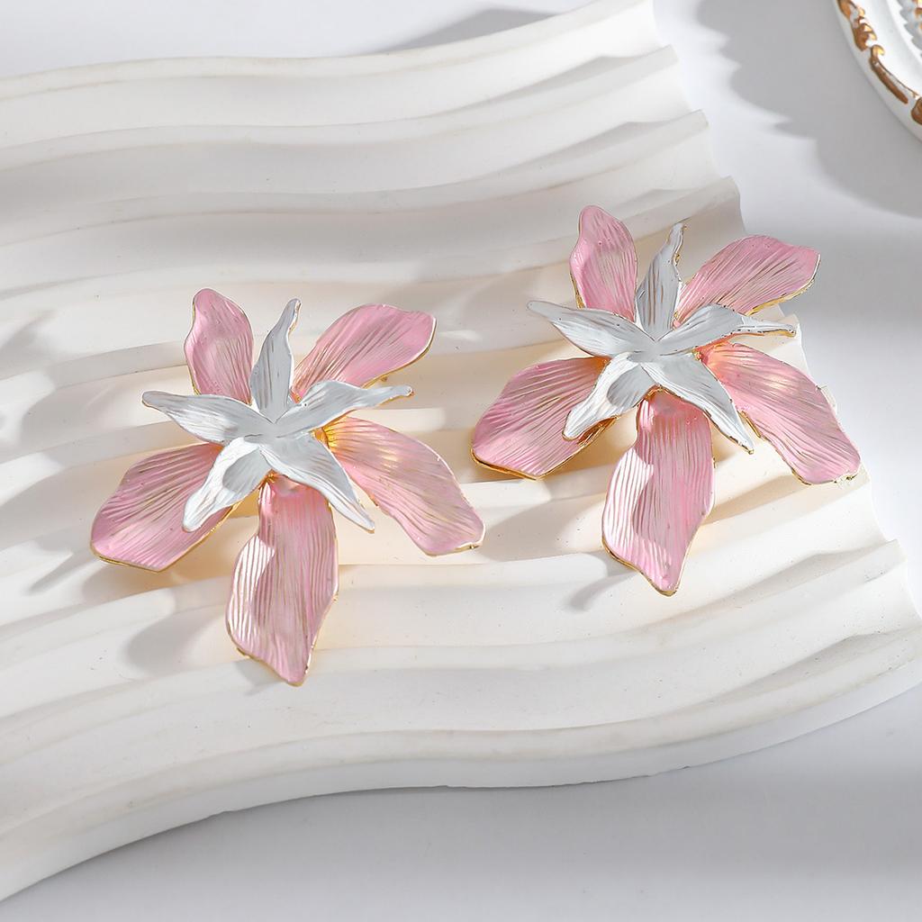 New Vintage Metal Pink Blue Flower Big Earrings for Women Geometric Floral Drop Earrings Statement Jewelry Party Gifts