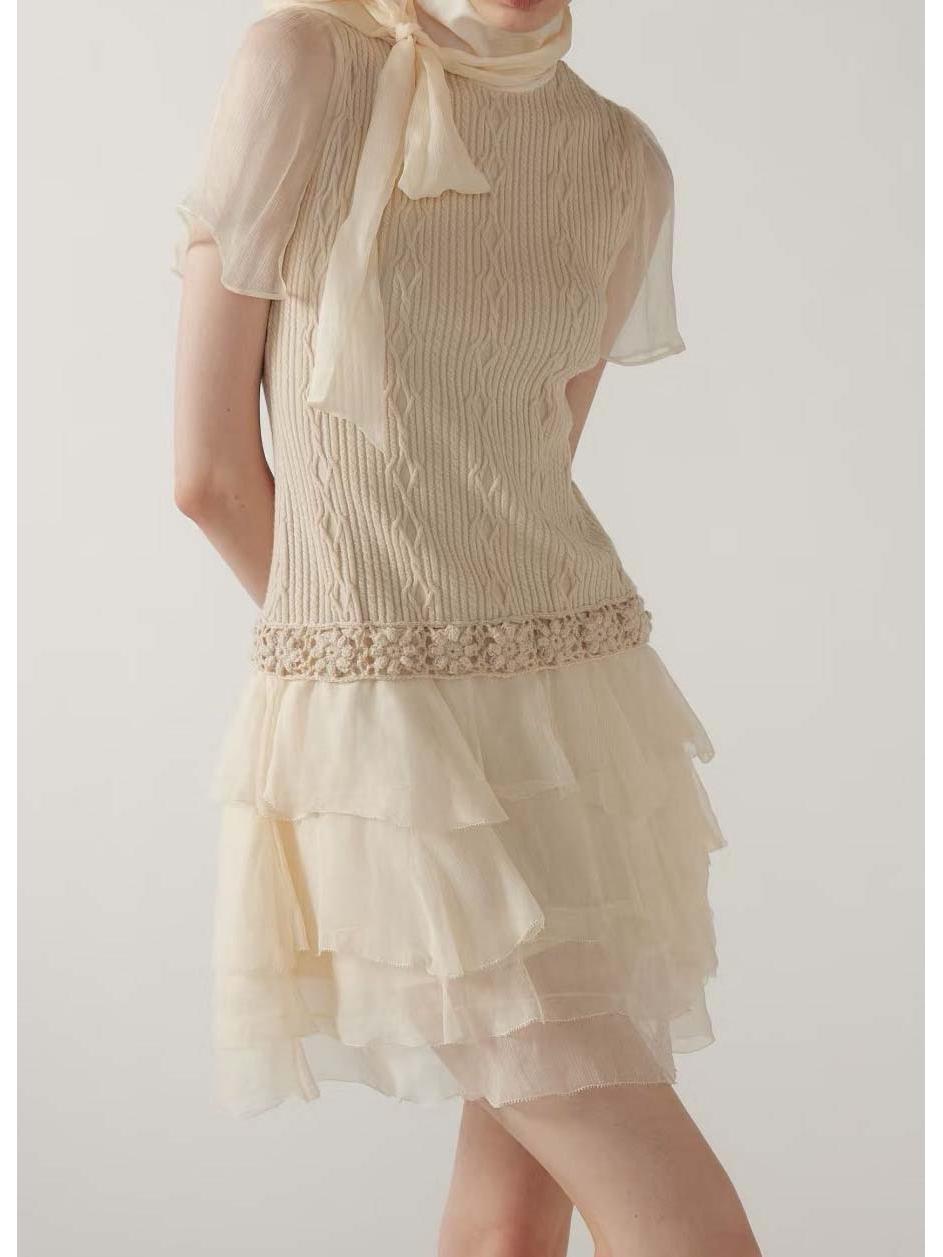 Apricot Wool Knitted Floral Patchwork Layered Dress S абрикосовый/кремовый