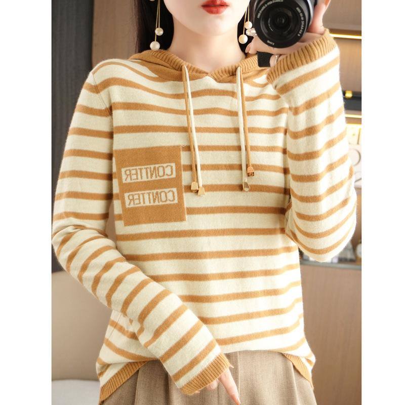 

Полосатый вязаный свитер с капюшоном женский осенне-зимний новый свободный повседневный свитер в сочетании цветов носить полосатый свитер S