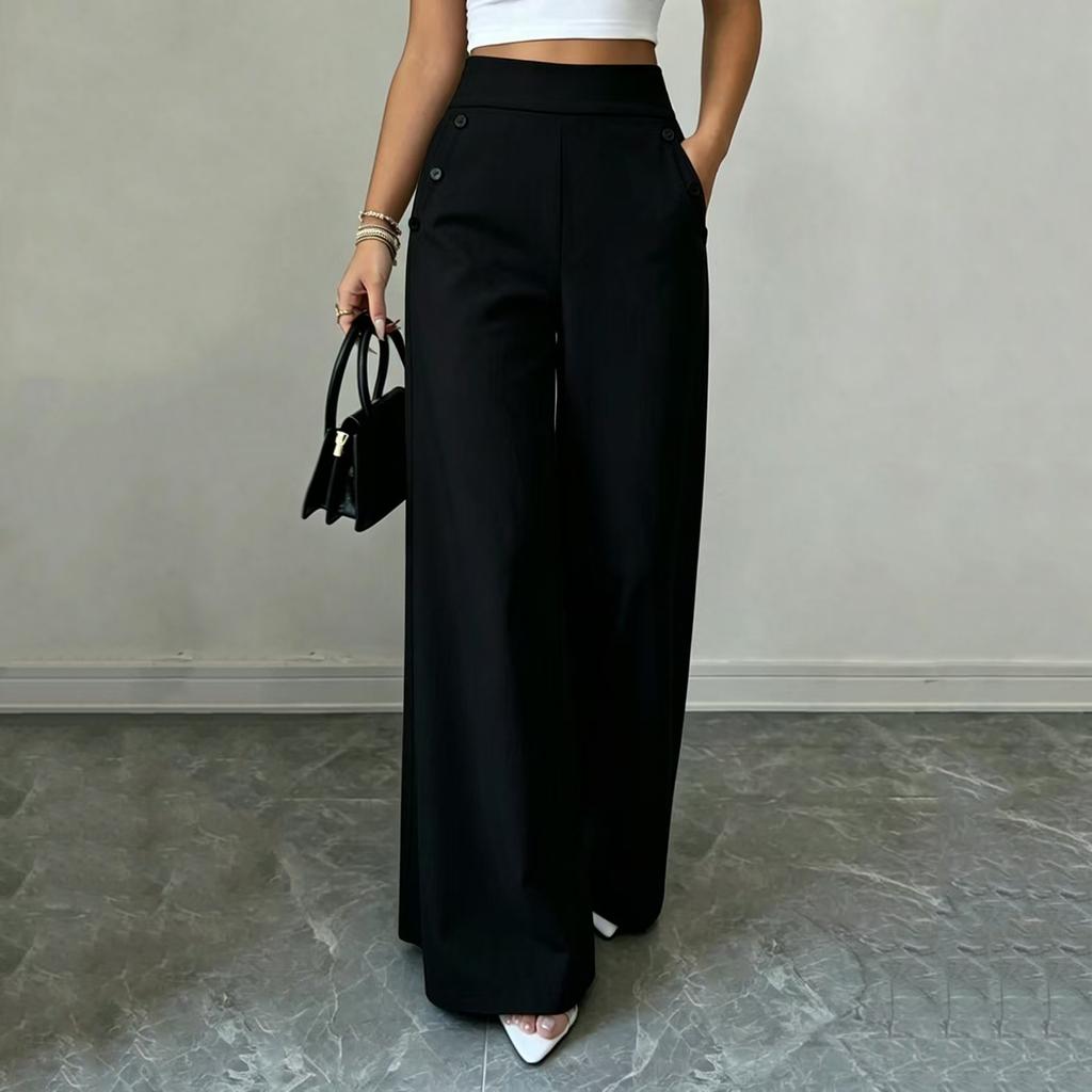 Women High Waist Wide Leg Pants Double Button Loose Fit Straight Leg Trousers Casual Style