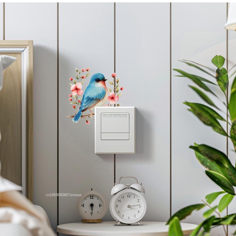 Cartoonvogel, der grüne Pflanzen und Blumen betrachtet, mit Aufklebern, 1 Stück dekorative Schalteraufkleber, Hintergrund zur Verschönerung des Zuhauses