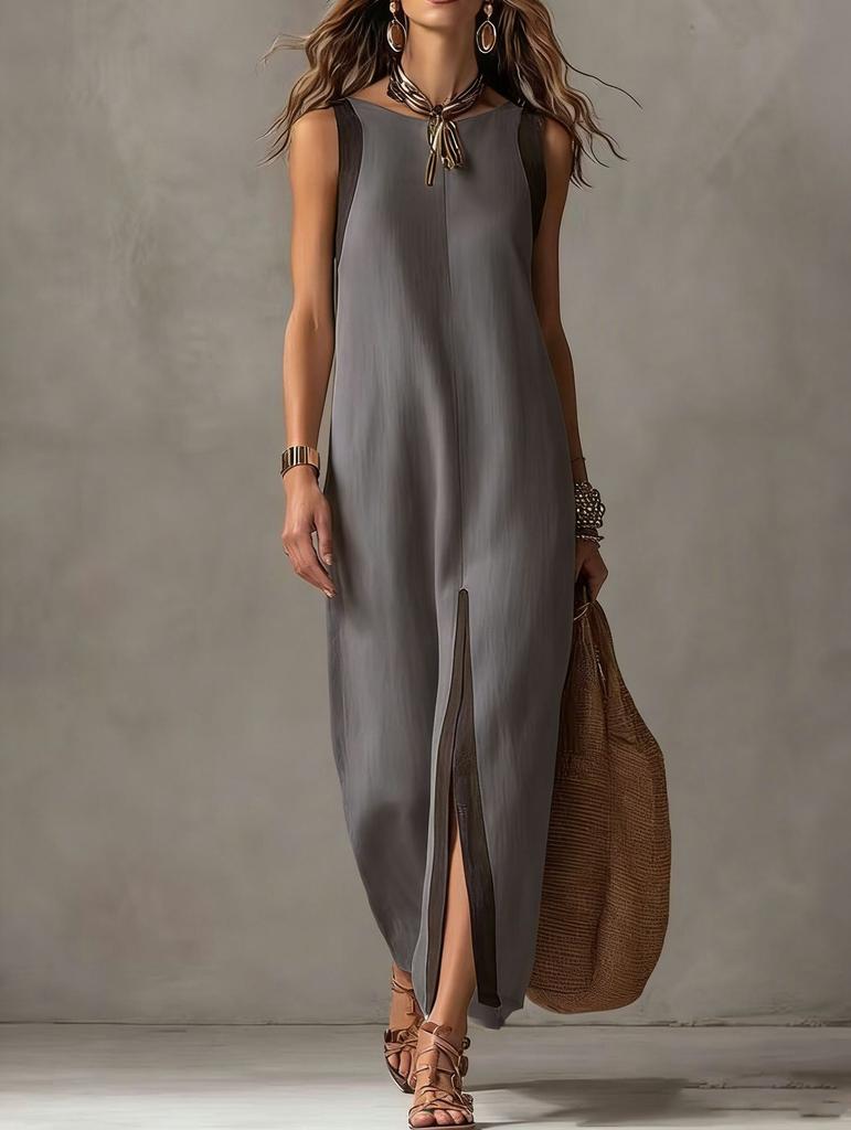 Amazon 2026 cross-border European and American summer new women's casual temperament sleeveless contrasting color split linen dress