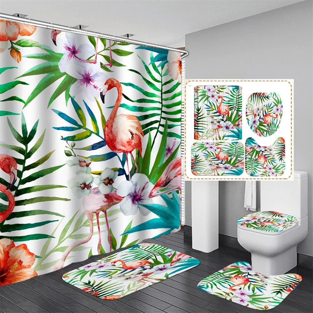 Pink Flamingo Tropical Leaves 3D Hd Shower Curtain Set Waterproof Polyester Bathroom Shower Curtain Set With Mat Non-Slip Rugs