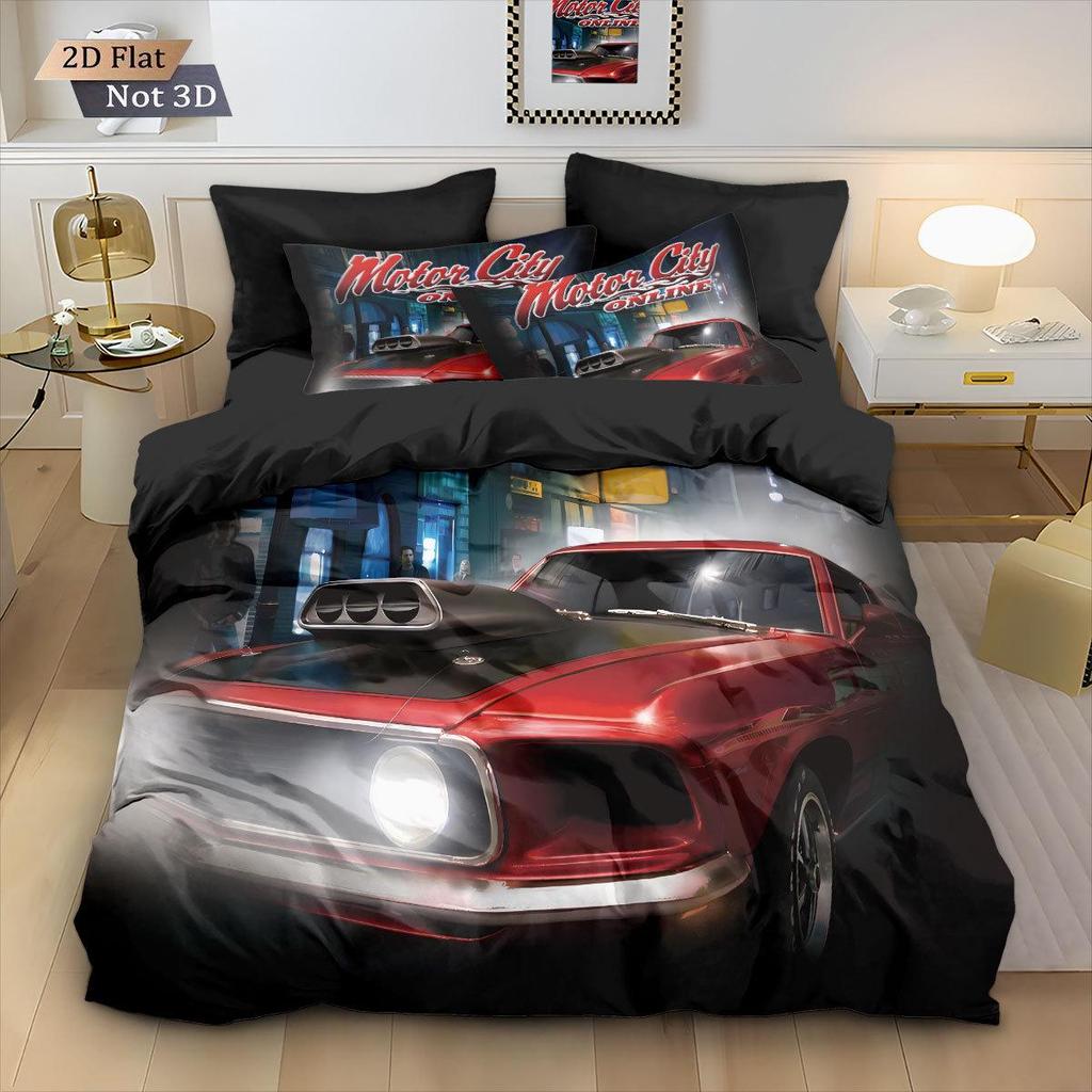 Racing Sports Car Print Bedding Set: Customizable Three-Piece with Pillowcase