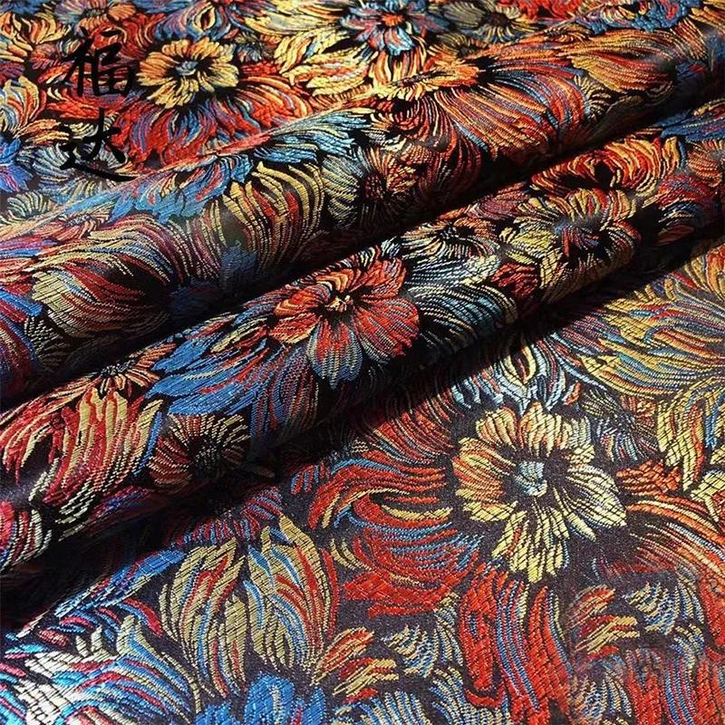100*90Cm Damask Silk Satin Brocade Jacquard Fabric Vintage Colorful Floral for Sewing Coat Curtain Tablecloth Sofa Skirt Clothes