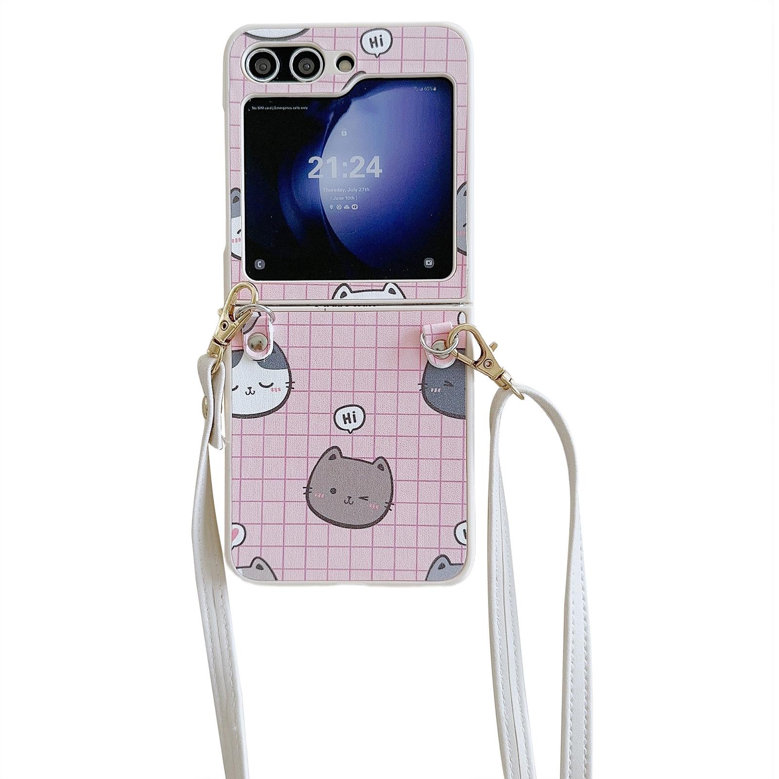 

For Samsung Galaxy Z Flip5 5G Case Cartoon Cat PU+PC Phone Cover with Crossbody Strap Pink