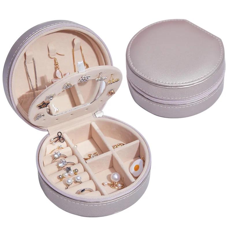 Simple Fashion Solid Color Small PU Leather Jewelry Box Circle Shaped Jewelry Box Earrings Jewelry Earrings Necklace Storage Box
