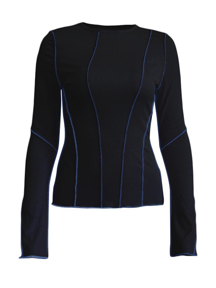 

Женские лоскутные футболки, шикарные повседневные трикотажные футболки в рубчик с длинными расклешенными рукавами и круглым вырезом, весенне-осенний уличный топ S чёрный