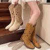 Neue Beliebte Hohle Bestickte Vintage Westernstiefel Damen Herbst Klobige Absätze Kniehoch Cowboy Stiefel Frau Leder Ritterstiefel