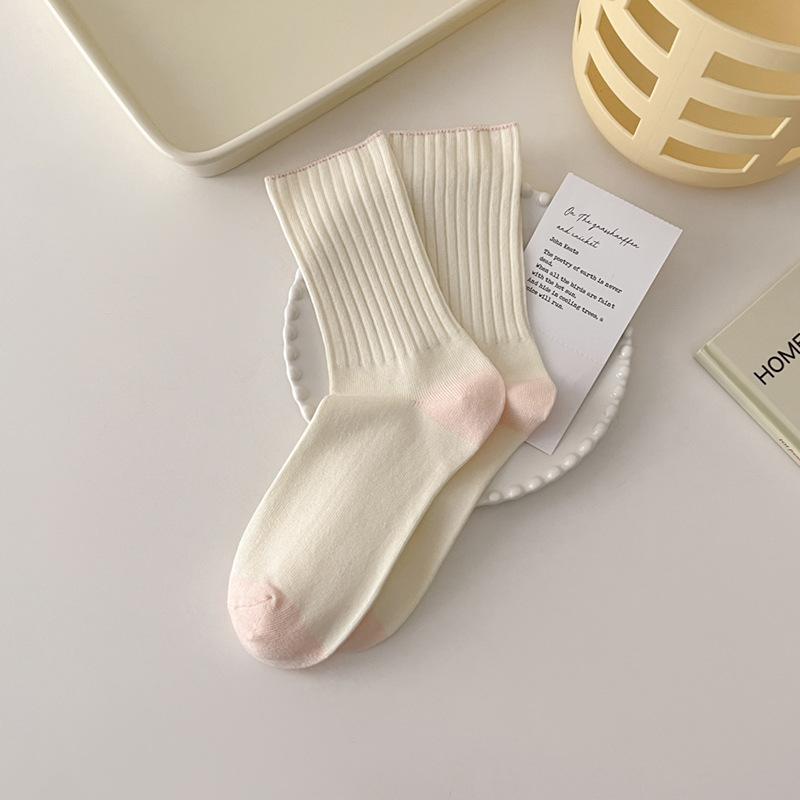 5 Paar Damen Frühling und Herbst Einfache Kontrastfarbene Baumwoll-Kniestrümpfe