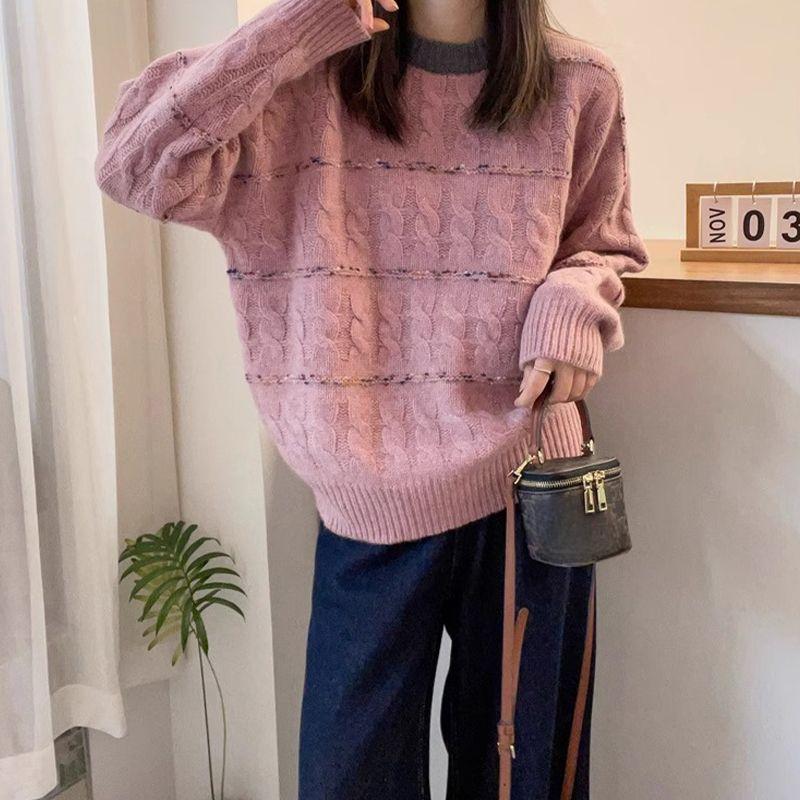 Women's Autumn & Winter Korean Style Long-Sleeve Loose Sweater Pullover Contrast Color Unique Cable-Knit Crew Neck Knit Base Layer Top
