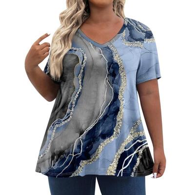 Top taglie forti da donna, pantaloncini estivi, magliette a maniche corte, abbigliamento casual da donna con scollo a V, top stampati