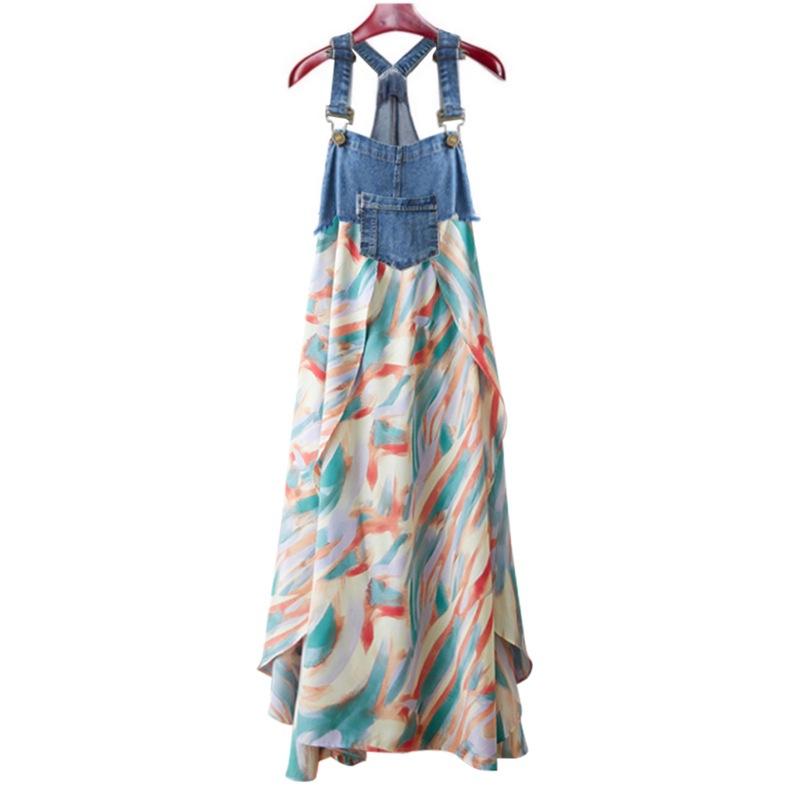 2025 summer dress new lotus leaf edge loose chiffon denim strap skirt women's design sense printing medium and long dress