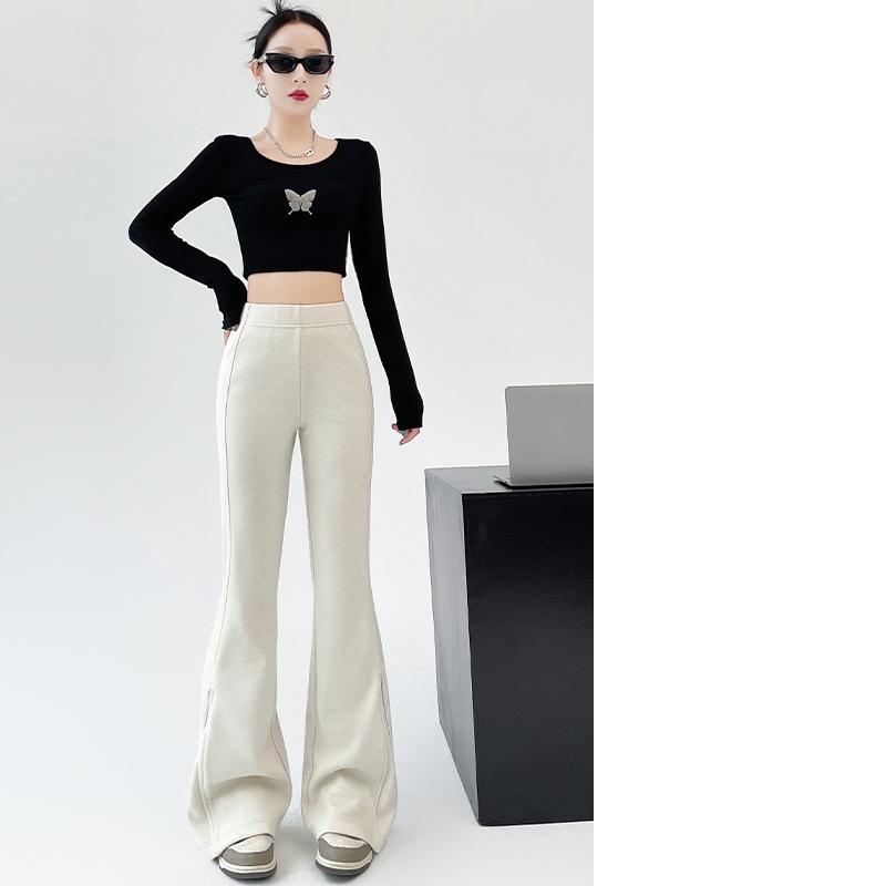 Jesienna Moda Damska Rozszerzane Długie Spodnie 2024 Nowe Elastyczne z Wysokim Stanem Casualowe Dopasowane Spodnie na Zamek Damskie Jednokolorowe Eleganckie Spodnie 2387