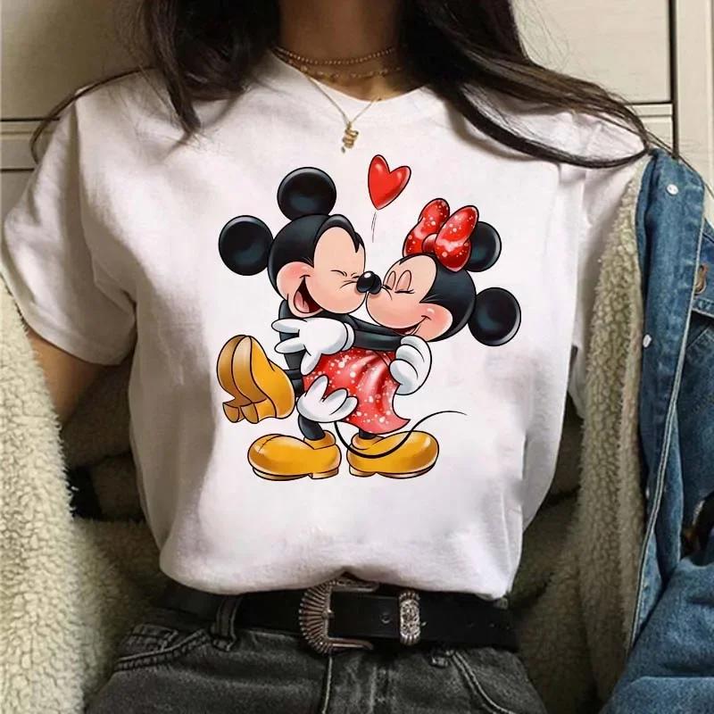 Funny Disney Women T-shirt Cute Cartoon Mickey Minnie Graphic Casual Short Sleeve T Shirt Female Kawaii Loose Y2K Clothing Tops