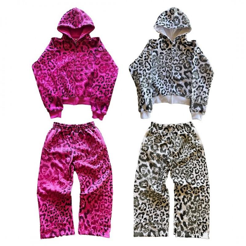 Y2K Leopard Print Hooded Sweatshirt Set Women Loose Fit Zipper Streetwear Two Piece Outfit
