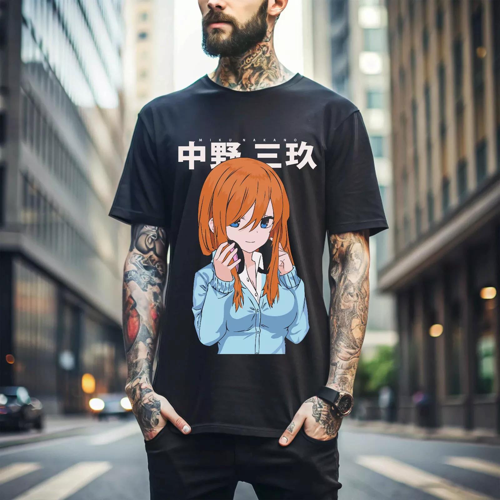 

100% хлопок ТОПЫ UNISEX ФУТБОЛКИ МУЖСКИЕ ЖЕНСКИЕ Мику Накано,Пять невест,Мику,Аниме,Сэмпай,Нино,Рубашка унисекс 373 4XL чёрный