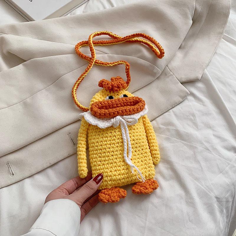 Cute Modern Yellow Duck Childrens Handwoven Cotton Sling Bag For Daily Outings