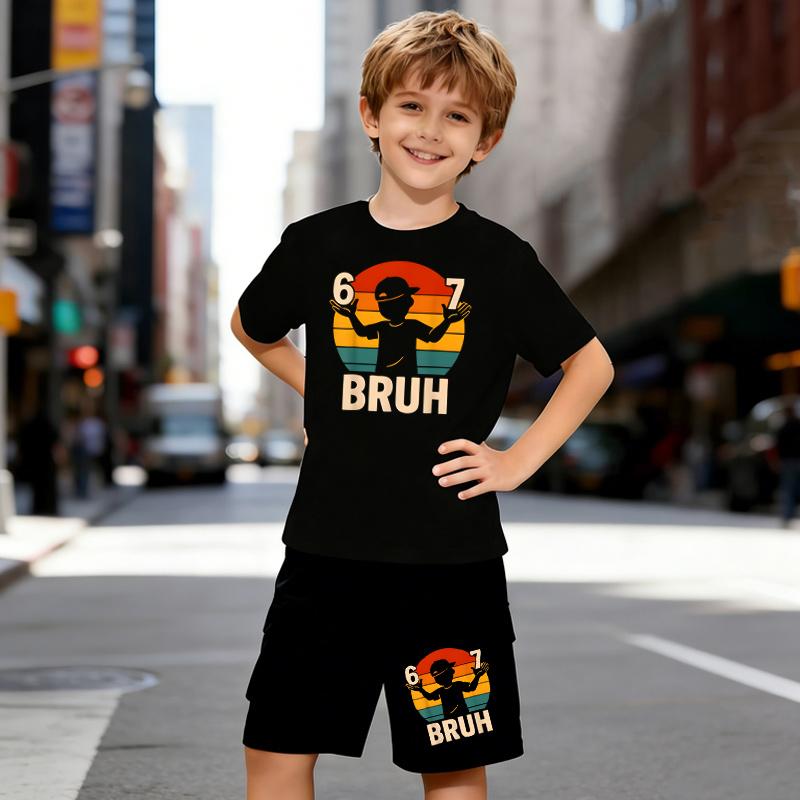 Boys 2 Piece Popular Meme "67 Bruh" Printed Outfit, Short Sleeve T-Shirt and Shorts Set for Kids Age 5-14,Black and White Sporty Casual Summer Clothes