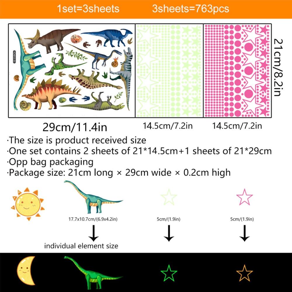 

3 Sheets Glow in the Dark Dinosaur Stars Wall Stickers, Self-Adhesive Luminous Removable Wall Decals Design, For Kids Room
