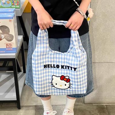 New Kt Cat Cute Cartoon Plaid Shoulder Bag Women's Large-capacity Canvas Bag Student Class Commute Tote Bag