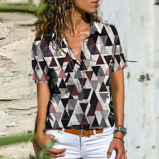 Kvinner kortermet turn-down krage Enkeltspent utskrift Uformell T-skjorte bluse Streetwear