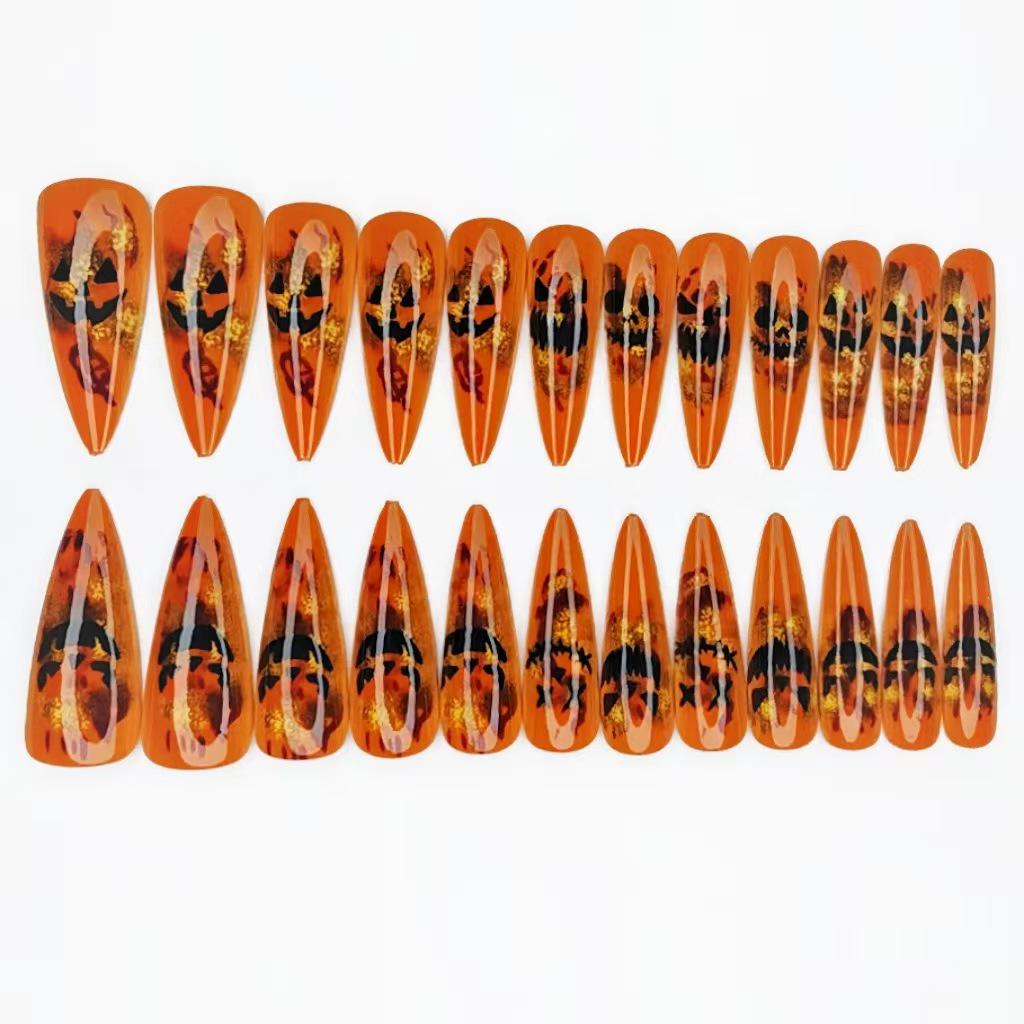2025 Halloween Pumpkin Devil Face Long Pointed Nails - 24 Piece Set