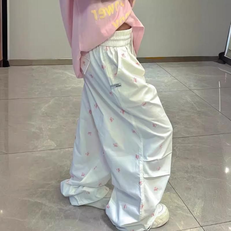 Retro Bow Printed Plus Size Cargo Pants for Women Fashion Trendy Drawstring Pleated Wide Leg Pants Women Workwear Casual Lady Trouser 24204