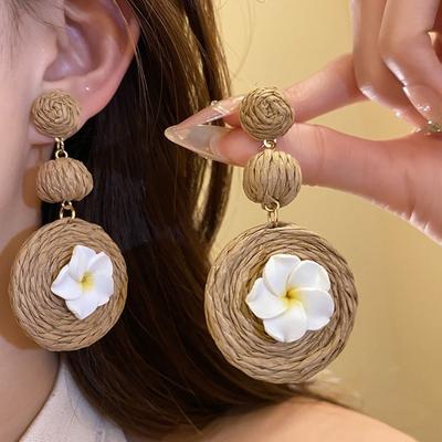 1 Pair Ethnic Style Egg Flower Earrings Raffia Grass Earrings  Festival Ear Accessories