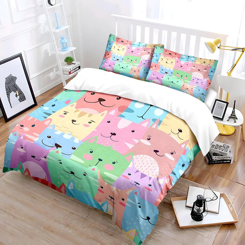 Cute Colorful Cat Illustration Print Bedding Set 1 Duvet Cover 2 Pillowcases for Adult and Children Luxury Gift Full Size