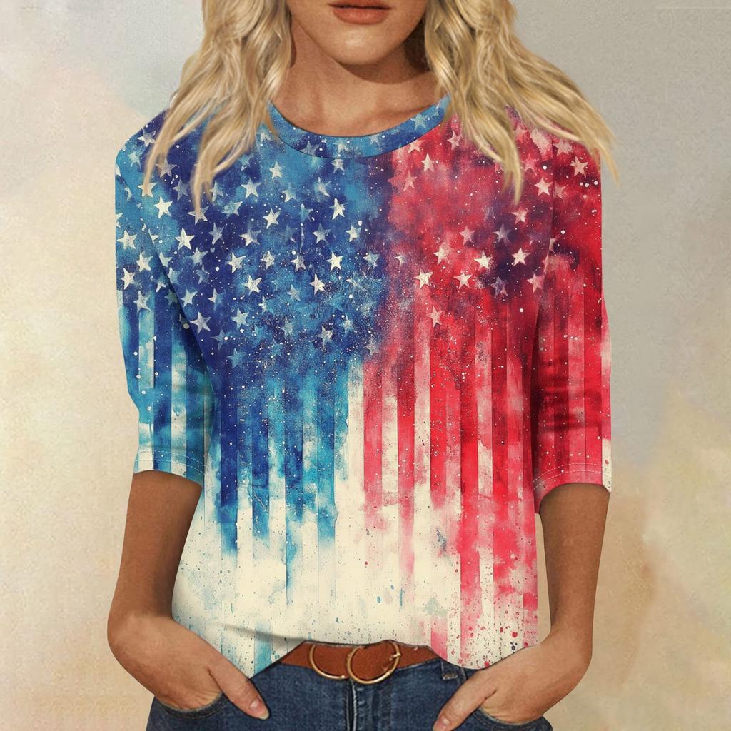 Damenmode Lässiges Rundhals-T-Shirt mit 3/4-Ärmeln und lockerem Aufdruck