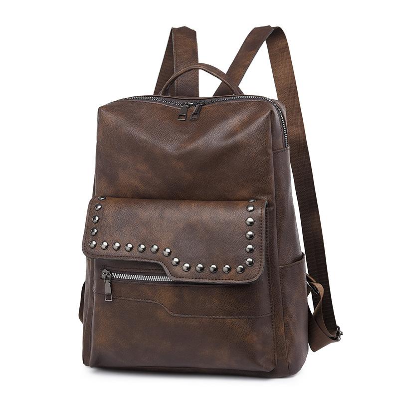 European and American Retro Versatile Women's Backpack High Quality Soft PU Leather College Student Rucksack Trendy Fashion Rivet Outdoor Travel Bag