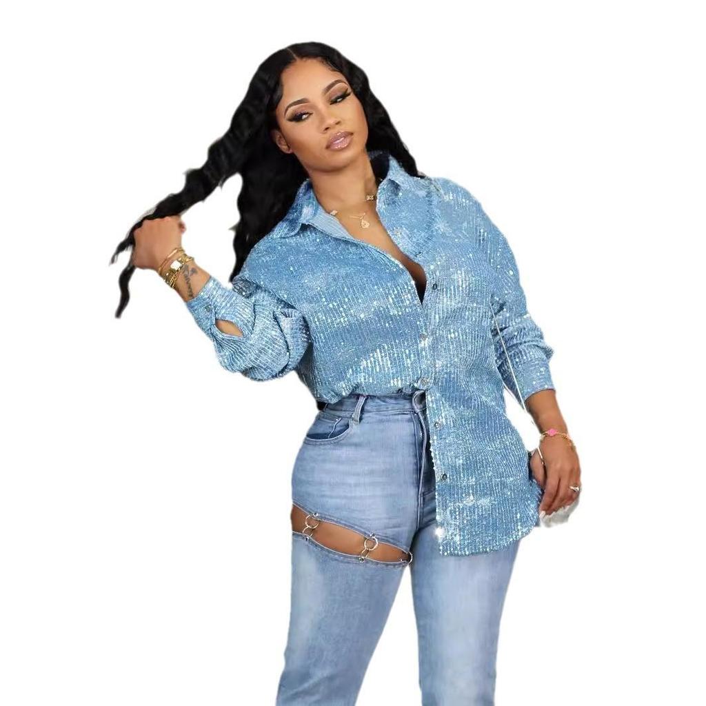 Autumn/Winter Versatile Suede Lapel Shirt with Sequins and Beads