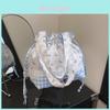 Nylon Drawstring Bucket Bag With Floral Plaid And Lace Design For Daily Use