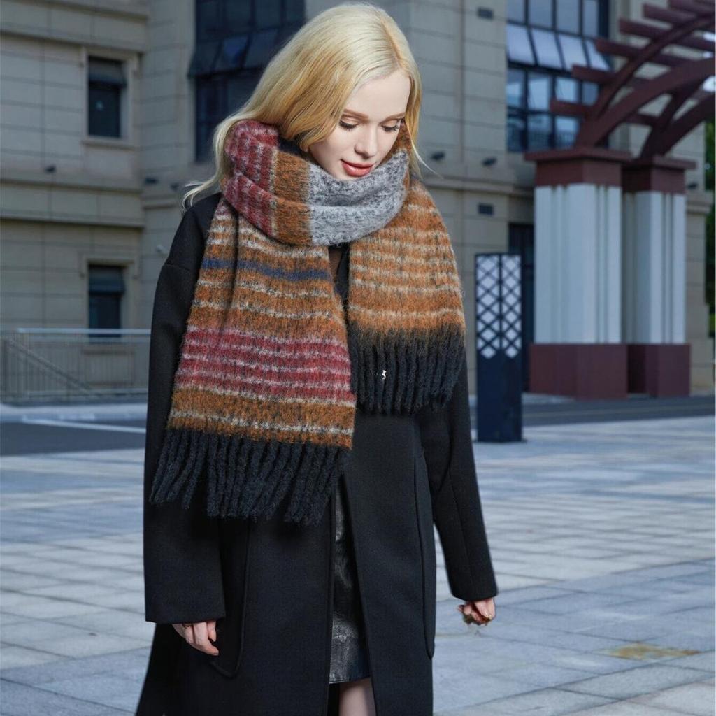 Retro Color Oil Painting Plaid Mohair Scarf Women's Autumn and Winter Thickened Warm New Fringed Scarf