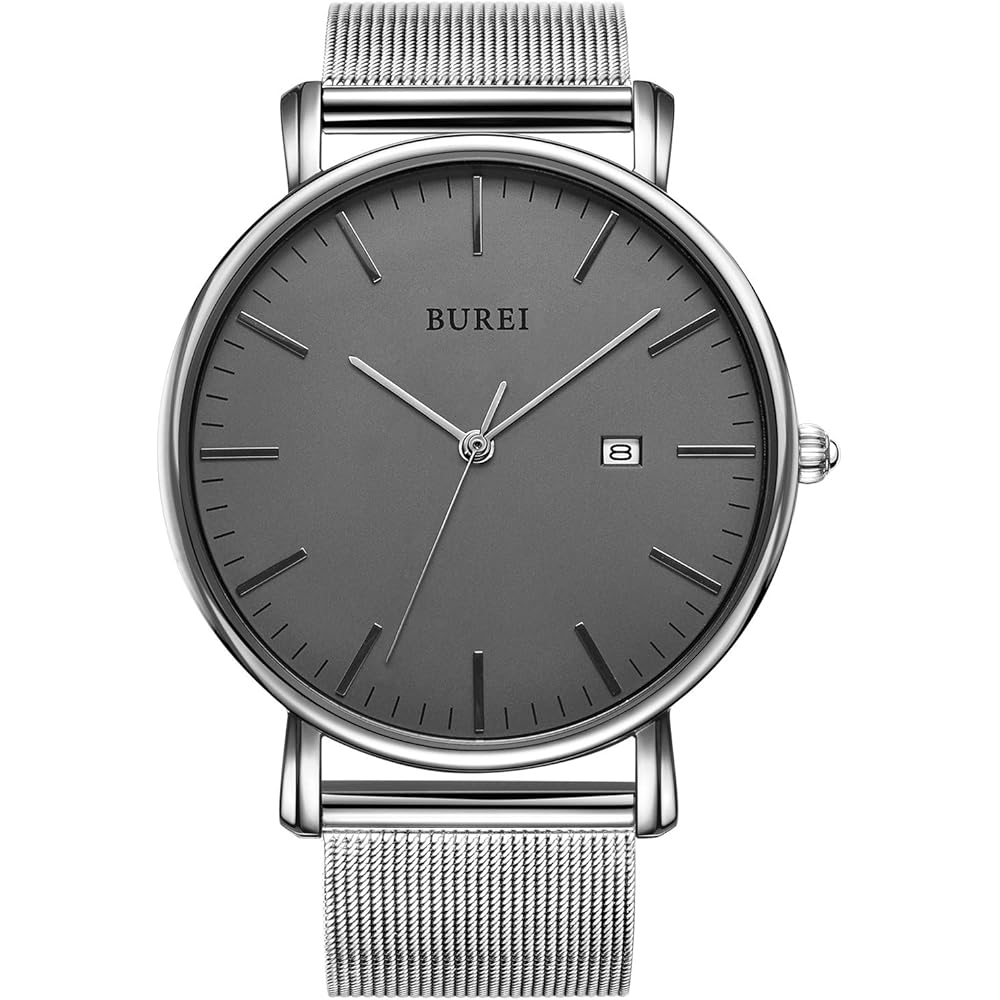 BUREI Men s Analog Watch Silver Gray Leather Waterproof Stylish Casual Timepiece