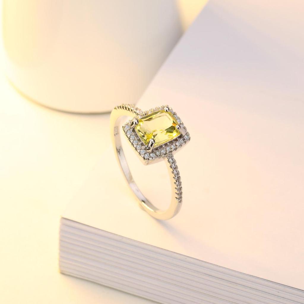 Zhenrong Multi-Color Gemstone Square Diamond Ring, European & American Classic, 925 Silver-Plated Engagement Jewelry.