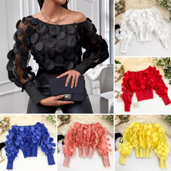 Women Tops Off Shoulder Puff Long Sleeve Elastic Waist Short Tops Perspective Mesh Yarn Casual Tops Party Daily