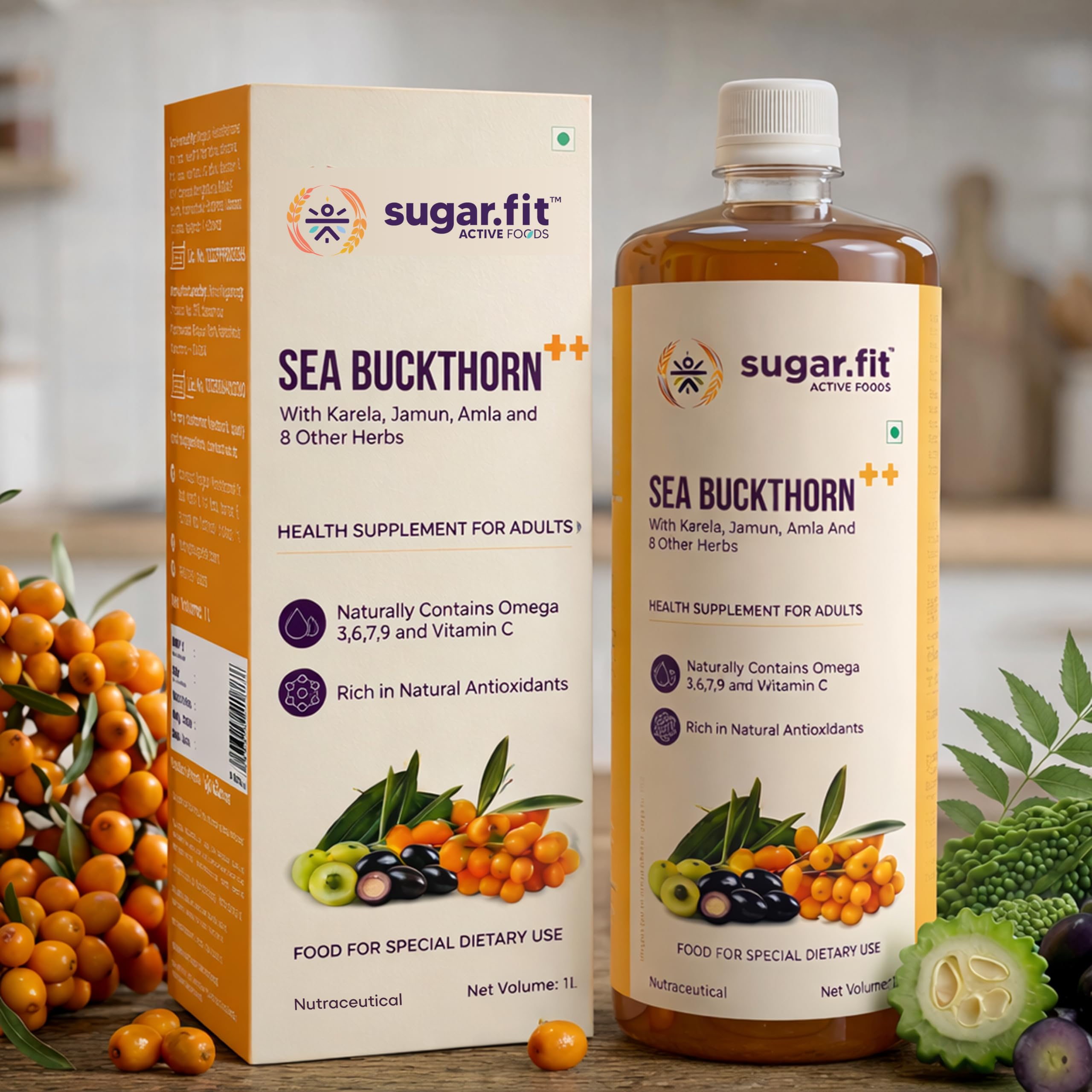

Sugar.fit | Active Foods Sea Buckthorn Juice with 13 Herbs 1 L | 100% Pure Sea Buckthorn Pulp with Neem, Karela, Jamun and other herbs | Rich in