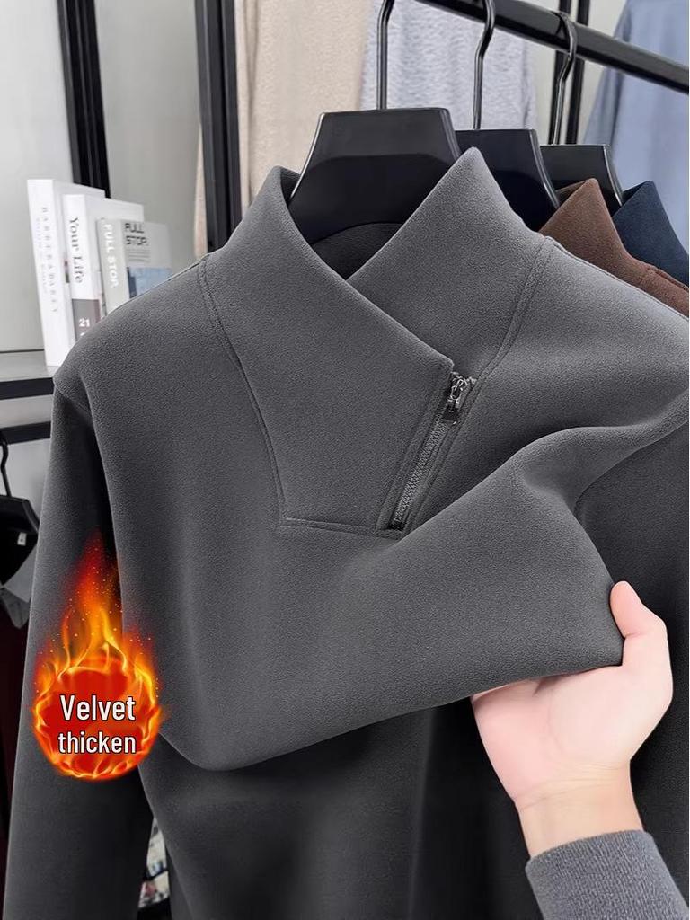 Men's Double-Sided Sherpa Fleece Hoodie, Half-Zip Stand Collar, Thickened and Warm Pullover Base Layer