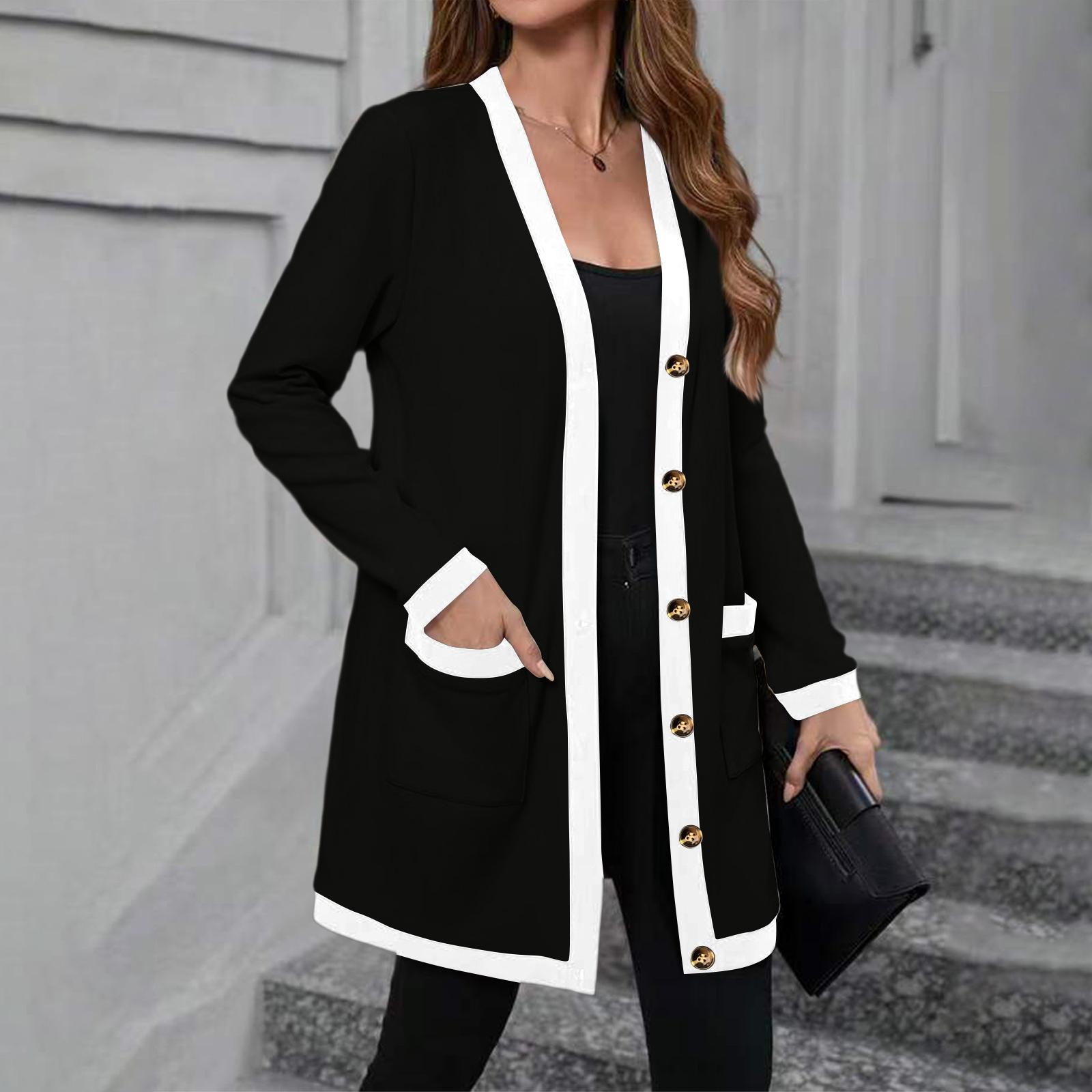 

Women s Knitted Pocket Single-breasted Mid-length Contrast Color Casual Long-sleeved Cardigan Jacket L чёрный