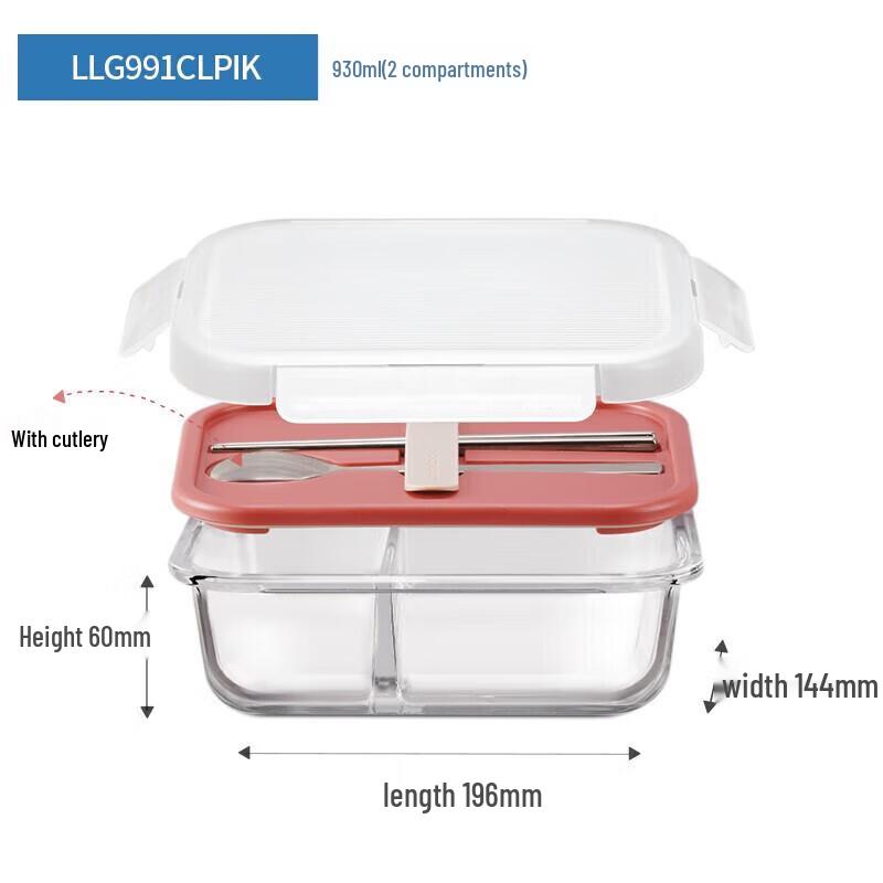 Lock & Lock Divided Glass Food Storage Container with Fork & Spoon, 930ml