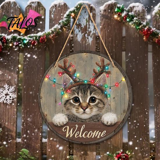 Rustic Farmhouse Ornament Wooden Christmas Welcome Sign, Animal Round Hanging Door Decor, Festive Wall Sign for Window Garden Holiday Decor