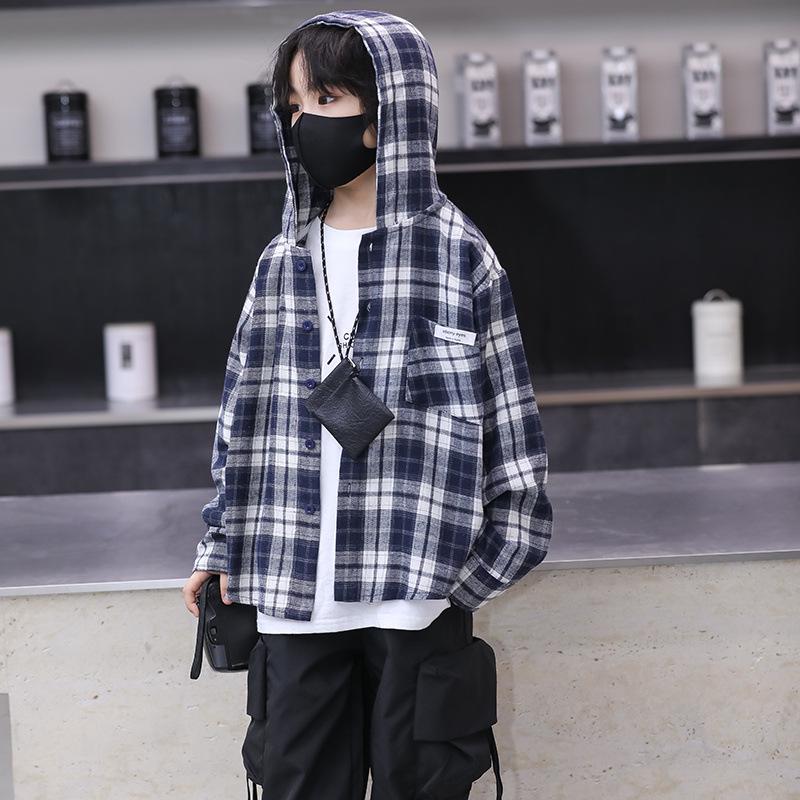 Chłopięca Kurtka w Kratę z Kapturem i Długim Rękawem - Styl Koreański Wiosna/Jesień