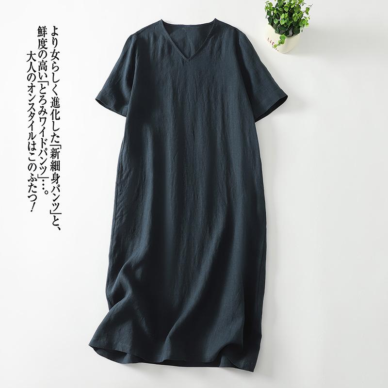 Real Shot Summer New Literary Loose Solid Color Cotton and Linen V-neck Short-sleeved Dress Women's Clothing Medium and Long