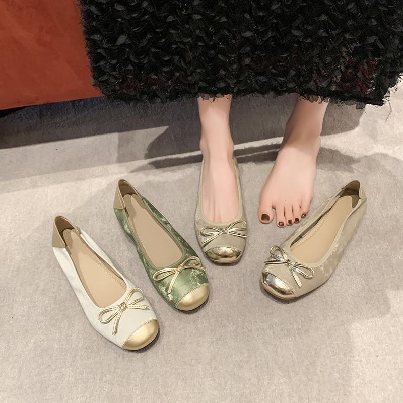 Guochao style bow women's single shoes solid color flat bottom light mouth one pedal casual comfortable grandma shoes
